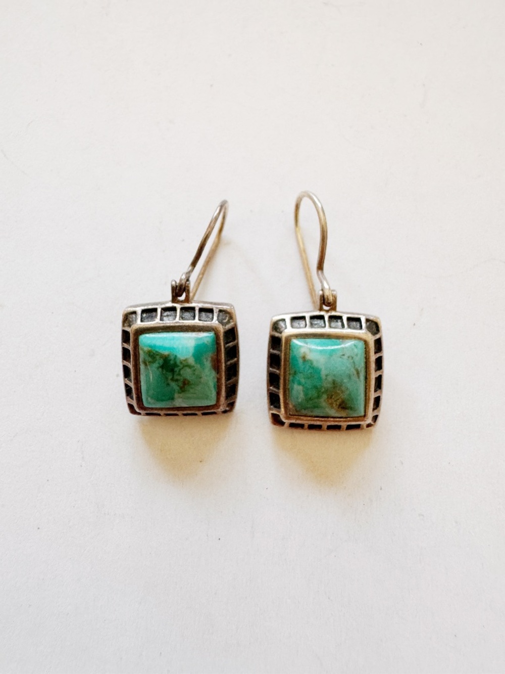 Southwest Vintage 925 Sterling Silver Natural Turquoise Square Drop Earrings 1”